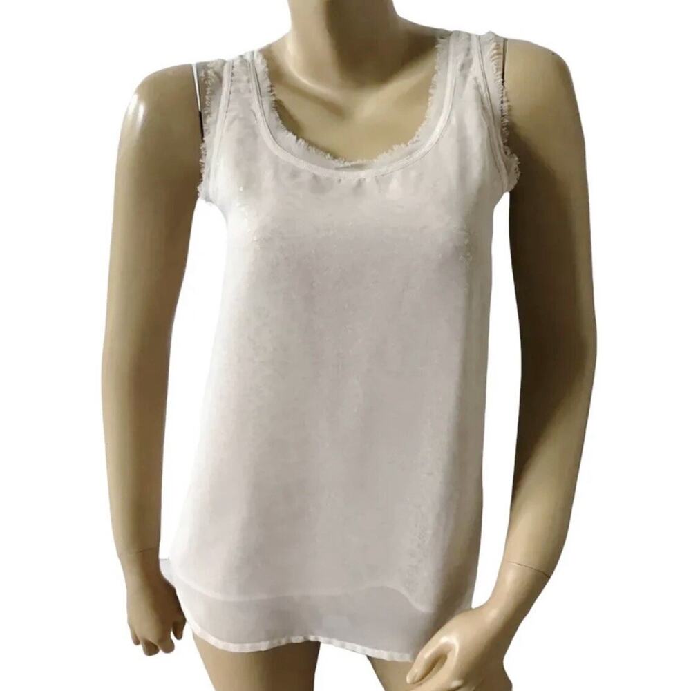 H&M Womens Size 4 Beige Sleeveless Sequined Fringed Chiffon Trim Tank Top Shirt